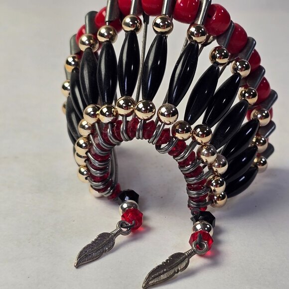 Vintage Beaded Safety Pin Art Fan Decor Red Black Gold Feathers Handmade 80s 90s - Picture 5 of 9